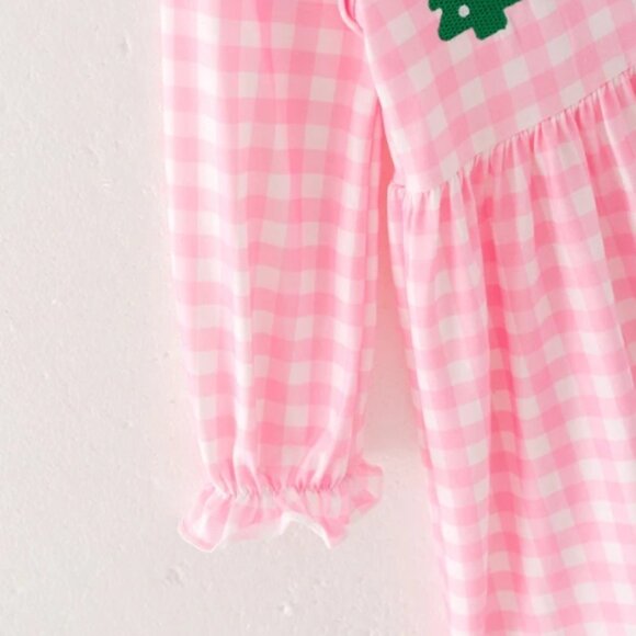Boutique Christmas Tree Girls Pink Plaid Long Sleeve Dress - Picture 3 of 6